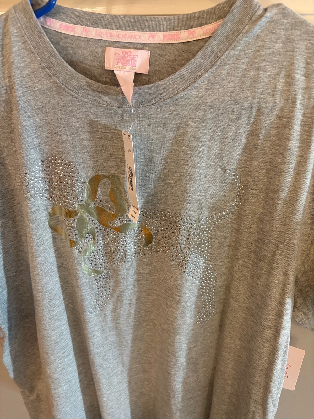 LoveShackFancy Gray Short Sleeve Tee with Gold Bow Rhinestone Dog Motif - Picture 5 of 10